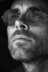 Young man in sunglasses. Close-up portrait of fashionable brutal man