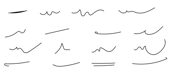 Hand drawn collection set of underline strokes in marker brush doodle style. Grunge brushes. Pen underline line stroke, marker scribble. Hand drawn mark, brush drawn curve. Vector illustration