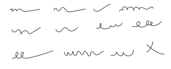 Hand drawn collection set of underline strokes in marker brush doodle style. Grunge brushes. Pen underline line stroke, marker scribble. Hand drawn mark, brush drawn curve. Vector illustration