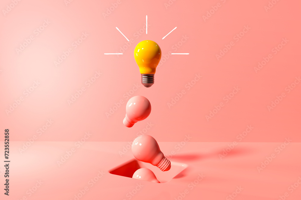 Poster one out unique idea light bulb with a hole on the floor - 3d render
