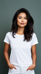 Obraz premium Young Asian woman wearing a white t shirt isolated from a copy space background.