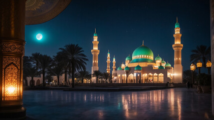 Fototapeta na wymiar Eid al-fitre Hosni Mubarak mosque and lantern background at night