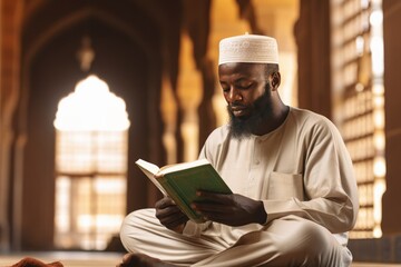 A Man Sits Cross-legged and Reads a Book