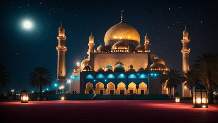 Eid al-fitre Hosni Mubarak mosque and lantern background at night