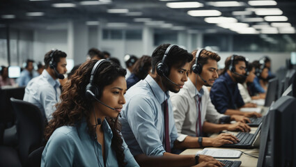 Group of diverse business people wearing headset working at call center. Large group of telephone workers or operators working in row at busy office. - obrazy, fototapety, plakaty