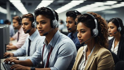 Group of diverse business people wearing headset working at call center. Large group of telephone workers or operators working in row at busy office. - obrazy, fototapety, plakaty