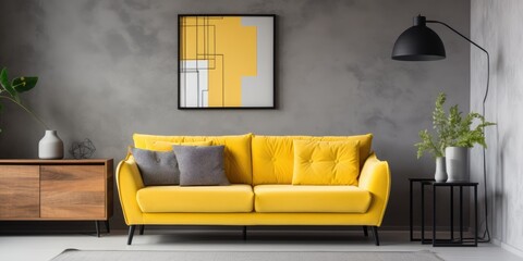 Modern living room with grey corner sofa, featuring a yellow painting and lamp. Real photo.