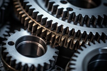 Metal gear sprockets in well used machine, closeup still life with beautiful textures and shape. Detail gear wheel. - obrazy, fototapety, plakaty