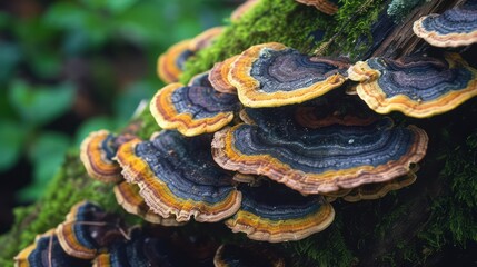 Diverse textures and colors of Mushroom. Trametes versicolor (Trametes versicolor)