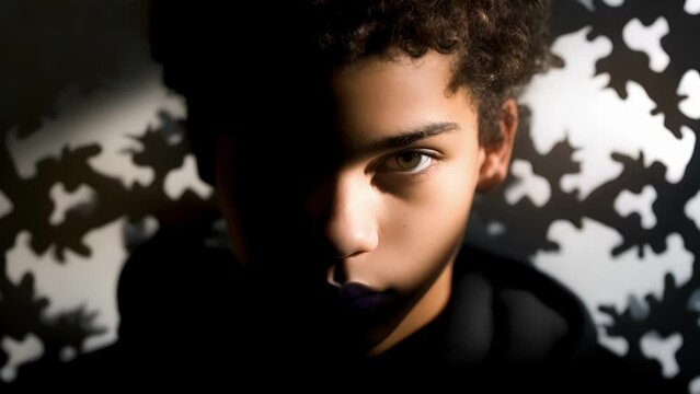 teenager of mixed race gazes at ambiguous image, known in psychology Rorschach inkblot test, used to examine persons unconscious thoughts or perceptions. puzzled look indicates struggle to