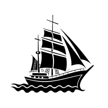 A black sailing ship with three masts