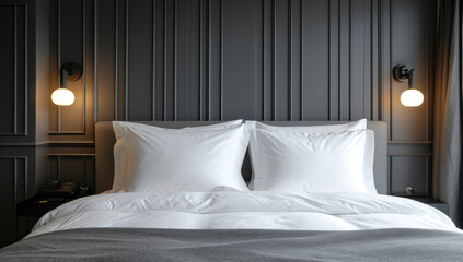 Modern Bedroom with Stylish Bedside Lamps.
Contemporary bedroom interior with white bedding and stylish bedside lamps.