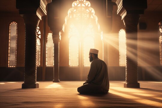 A Muslim man in a Mosque, seeking enlightenment through prayer.