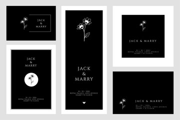 Wedding Card Invitation, daisy flower, hand drawn, minimal, retro classical style design template