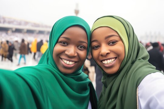 Two smiling women wearing headscarves stand next to each other and pose for a picture. Fictional character created by Generated AI.