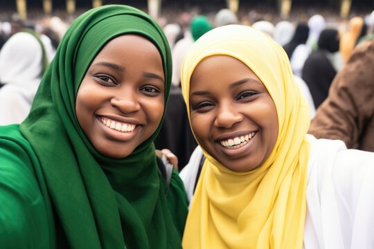 Two smiling women wearing colorful headscarves, Fictional character created by Generated AI.