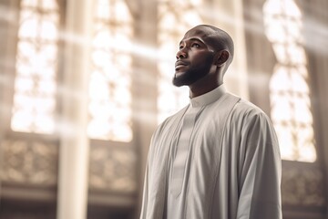 Obraz premium A Man in a Robe, Praying or Thinking Deeply in a Church, Fictional character created by Generated AI.
