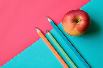 Closeup shot of 3 pencils and an apple on colour papers - Generative AI
