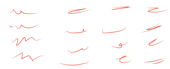Red brush stroke underline. Marker pen highlight stroke. Vector swoosh brush underline set for accent, marker emphasis element. Hand drawn collection set of underline strokes. vector illustration - obrazy, fototapety, plakaty