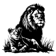 Male and female lion in tall grass