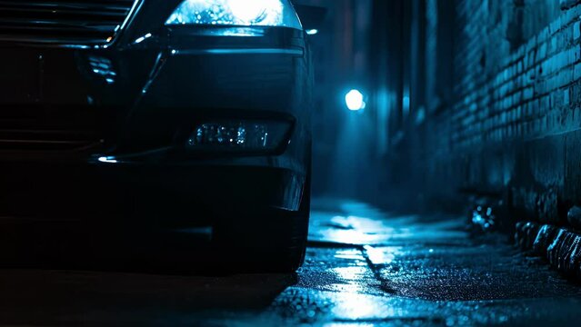 A closeup of a cars headlights their intense beams creating a dramatic contrast of light and shadow against a darkened alleyway.