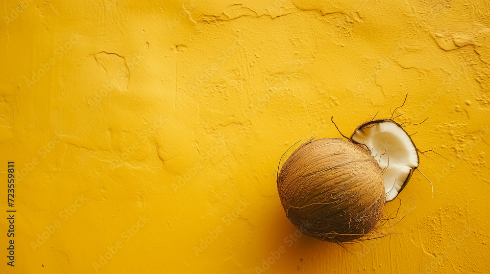 Poster the yellow wall surface has an old and rough texture. and there is a coconut in the corner of the pi