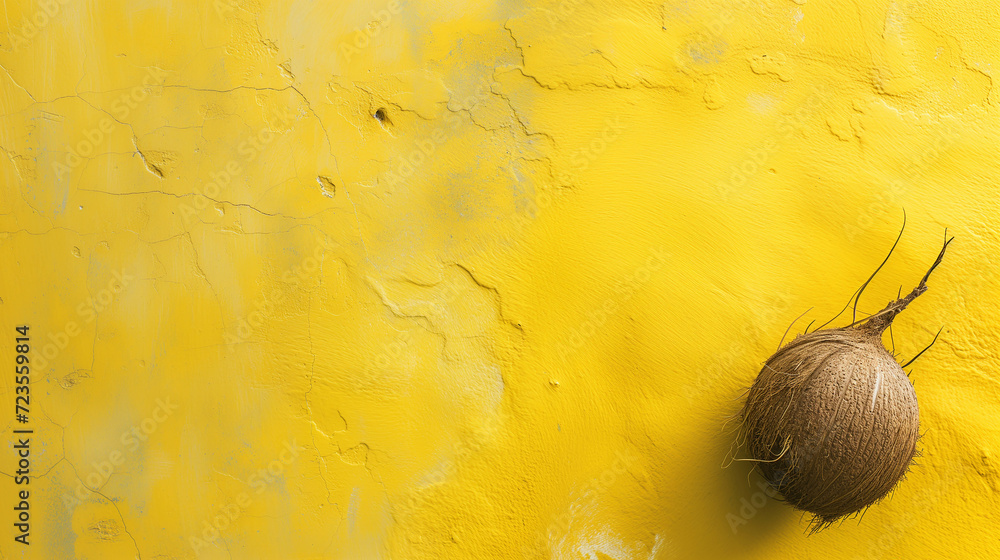 Poster the yellow wall surface has an old and rough texture. and there is a coconut in the corner of the pi