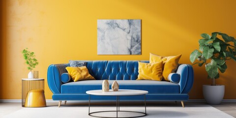 Contemporary living room with yellow walls, textured details, blue sofa, and marble coffee table.