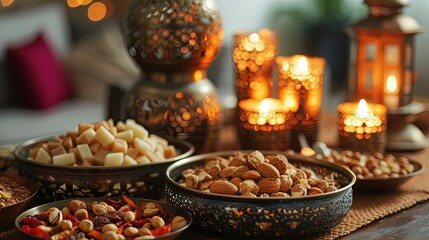 Fototapeta na wymiar Ramadhan Kareem and Iftar Foods On Plates