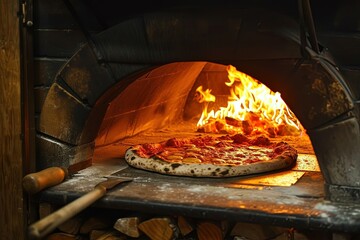 pizza in wood burning stove in the kitchen