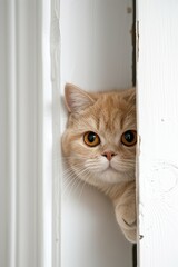 Golden Shaded British Shorthair cat or kitten peeked out from the crack in the door, mysterious expression, surprised expression, pure white background