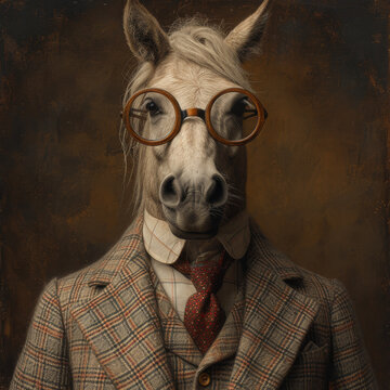 Portrait Of A Horse Wearing Glasses, Dressed In A Formal Business Suit