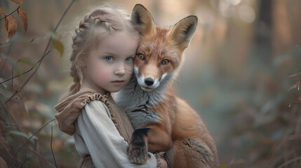 Little girl hugs a fox
