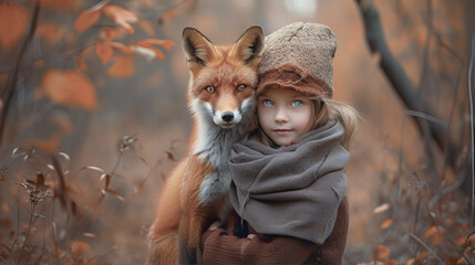 Little girl hugs a fox
