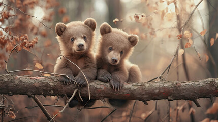 Two little bear cubs play together.
