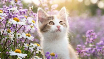 花畑の中のかわいい子猫
