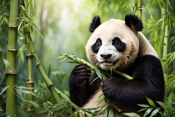 panda eating bamboo with forest background - obrazy, fototapety, plakaty