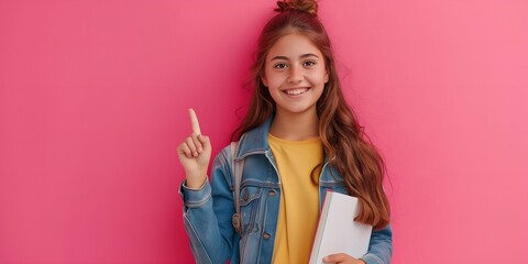 Cheerful young female student in eyeglasses points index finger at copy space, has pleasant appearance, dressed in casual clothes, isolated over pink background. Education concept - obrazy, fototapety, plakaty
