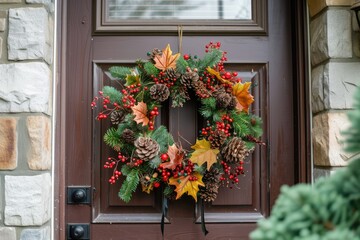 Fototapeta na wymiar A festive Thanksgiving wreath hanging on a front door