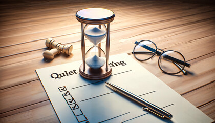 Hourglass with the sand almost run out, placed on a serene workspace. Nearby, a pen is laid down next to a completed checklist titled QUIET QUITTING. Scene gives a sense of quiet completion departure