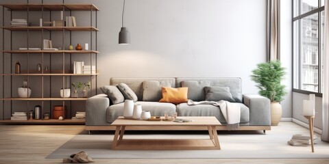 A chic living room interior with a gray sofa, wooden coffee table, desk, and elegant personal accessories. Loft and industrial design for home decor.