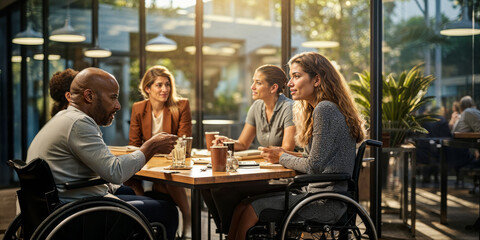 Breaking Barriers: Diverse Professionals Including Two on Wheelchair Engage in Development Talks - obrazy, fototapety, plakaty