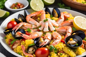Artfully-arranged-seafood-paella-with-a-rich-blend-of-flavors-and-vibrant-colors