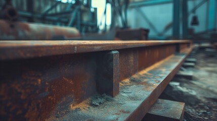 Rusty steel rails in a construction site. Selective focus.