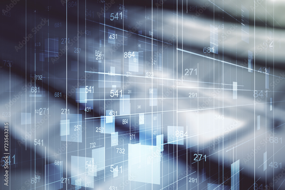 Poster double exposure of abstract creative statistics data hologram on shiny metal background, analytics a