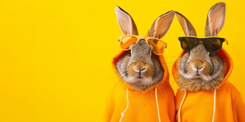 Rabbit wearing a hoodie and sunglasses on a yellow background.
