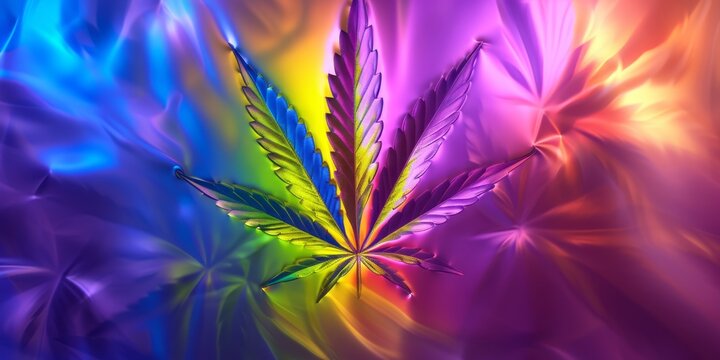 Cannabis plant with leaves rainbow color abstract image on a colorful background