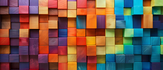 Colorful Wooden Blocks Aligned. Playful Background with Vibrant Wood Tones - obrazy, fototapety, plakaty