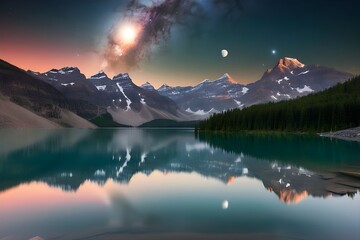 Fototapeta na wymiar Serene-beauty-captured-in-the-mirror-like-surface-of-the-lake-reflecting-the-galaxy-and-moon-above