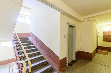 interior public place, house entrance. doors, walls, corridors staircase
